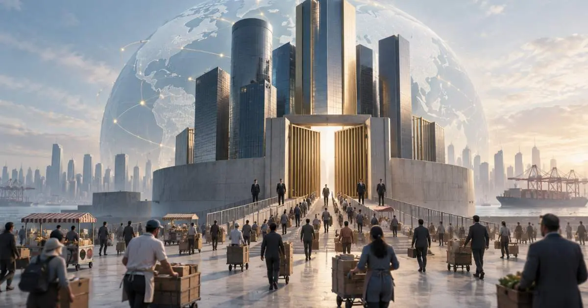 Small businesses and workers approaching a controlled corporate gateway representing concentrated market power in contemporary capitalism