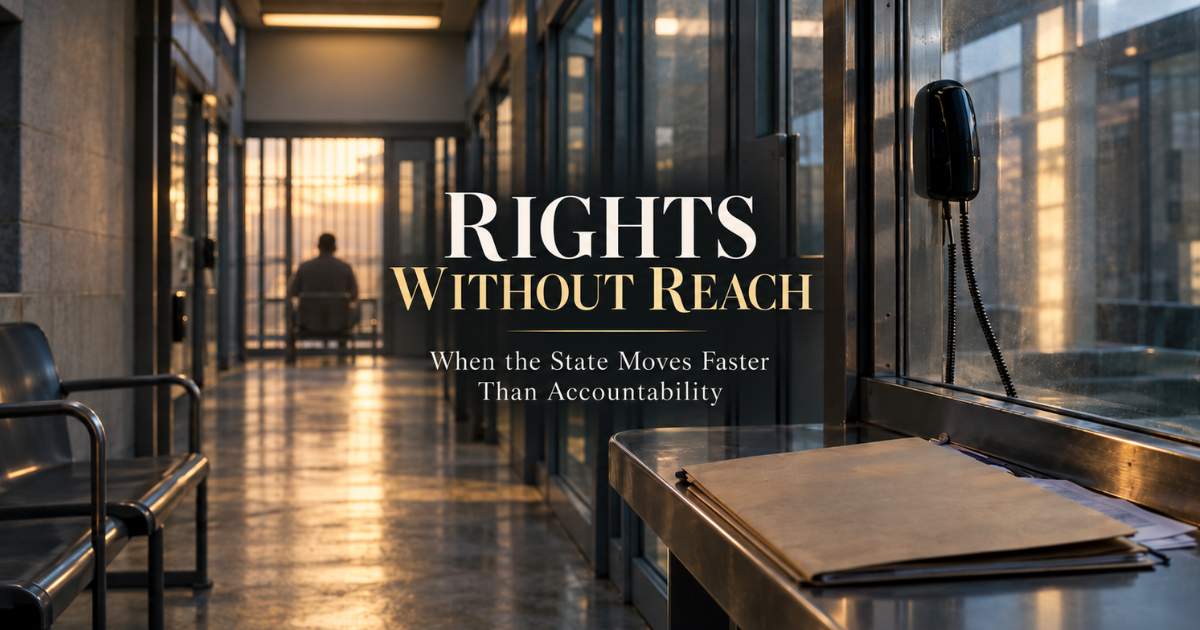 Immigration detention corridor with a detainee behind secure barriers, a legal telephone and case files, illustrating the gap between formal rights and practical access to accountability