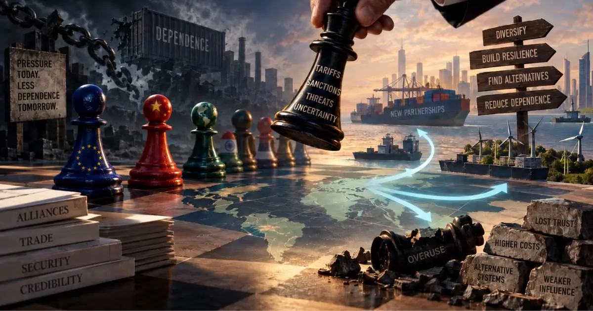 Geopolitical chess scene illustrating tariffs, sanctions and diplomatic uncertainty pushing countries to diversify partnerships and reduce dependence