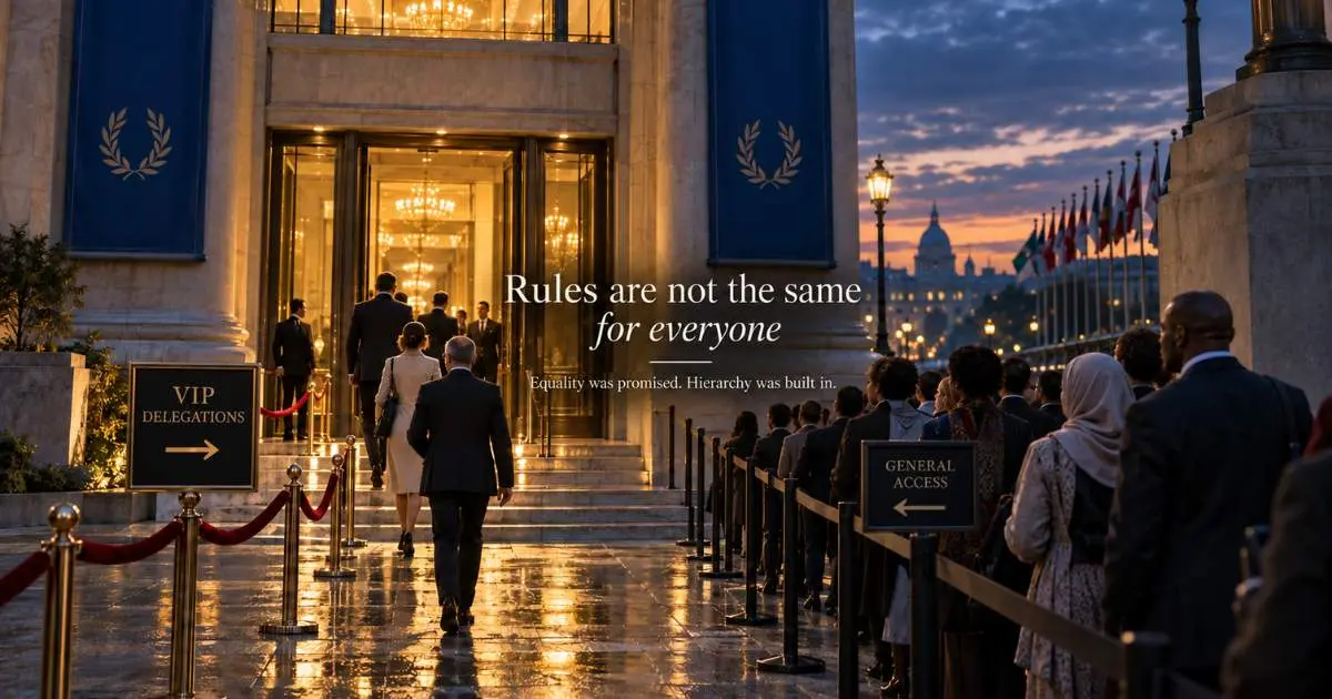 Diplomats entering a privileged international institution entrance while others wait in a separate general-access line, symbolising inequality in the rules-based international order