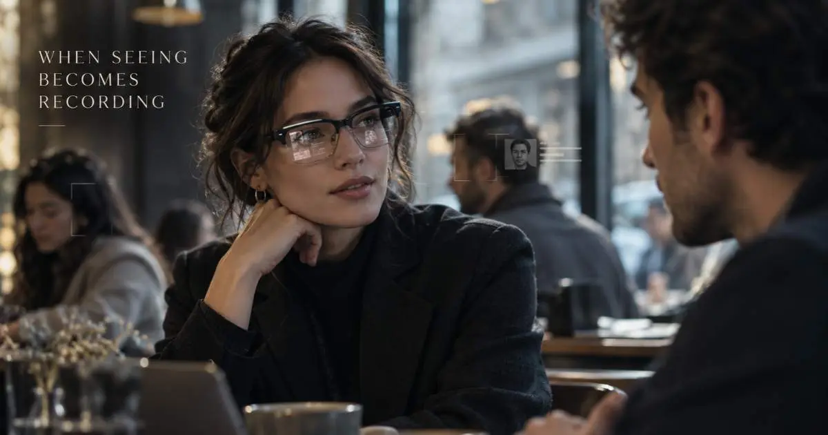 Woman wearing AI smart glasses during a conversation as digital recognition overlays suggest machine analysis of people nearby.