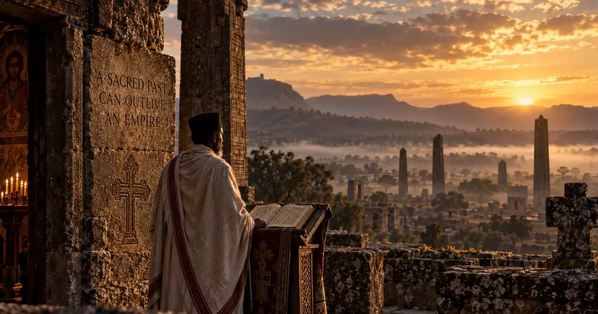 Ethiopian Christian cleric overlooking the ancient stelae of Aksum at sunset beside a manuscript and a stone inscription about sacred memory