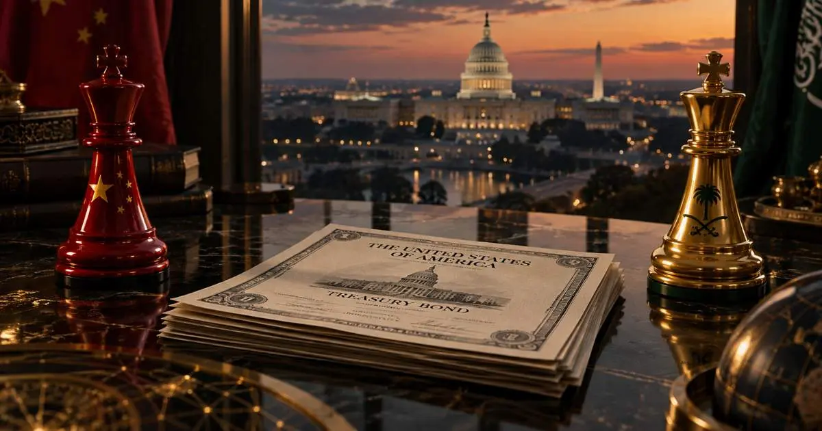 US Treasury bonds with Chinese and Saudi symbols overlooking Washington, illustrating America’s foreign creditors and the struggle over financial leverage