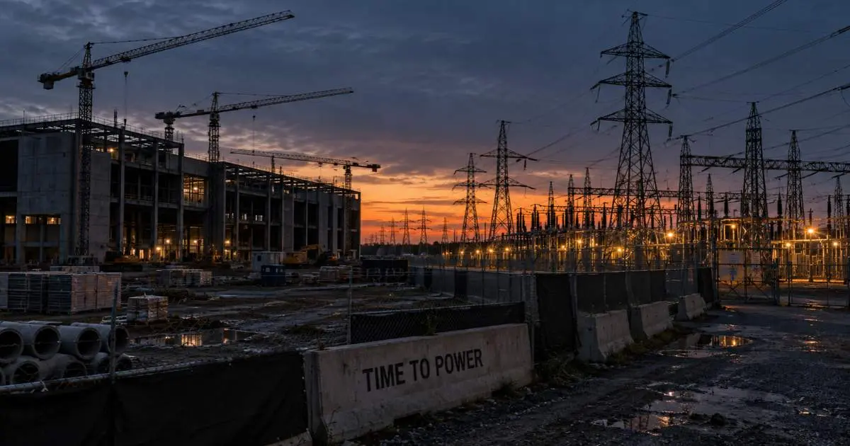 Industrial construction site beside a large electricity substation and transmission grid, illustrating delays in access to power.