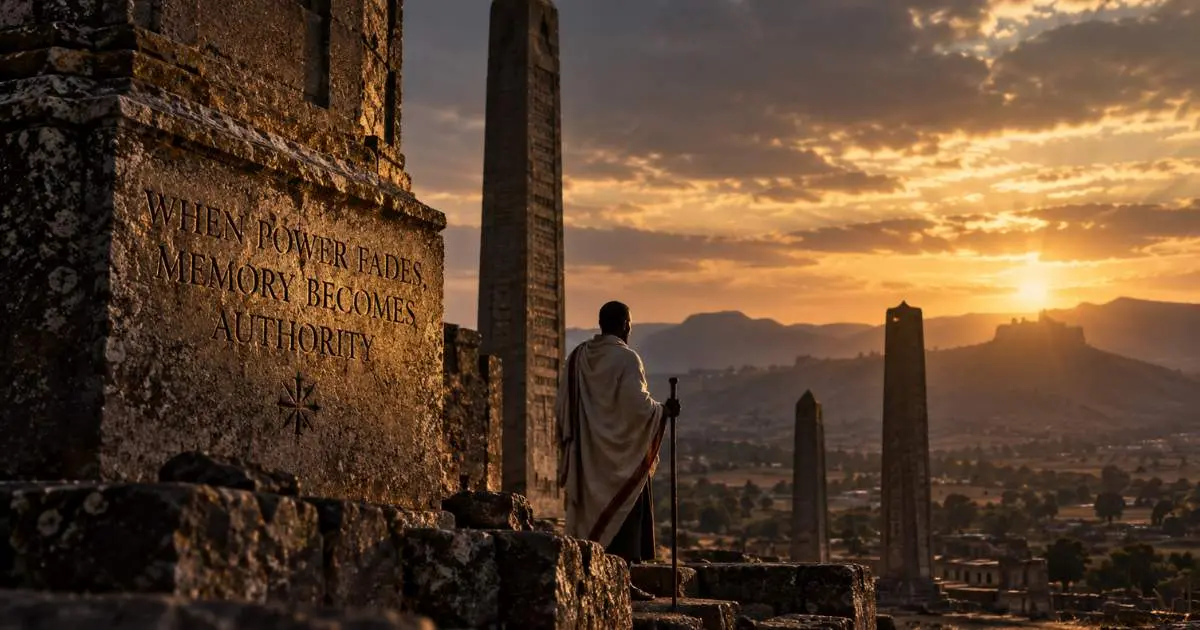 Reconstruction of the Kingdom of Aksum showing highland settlements, monumental stelae, caravan routes and Red Sea trade at sunset