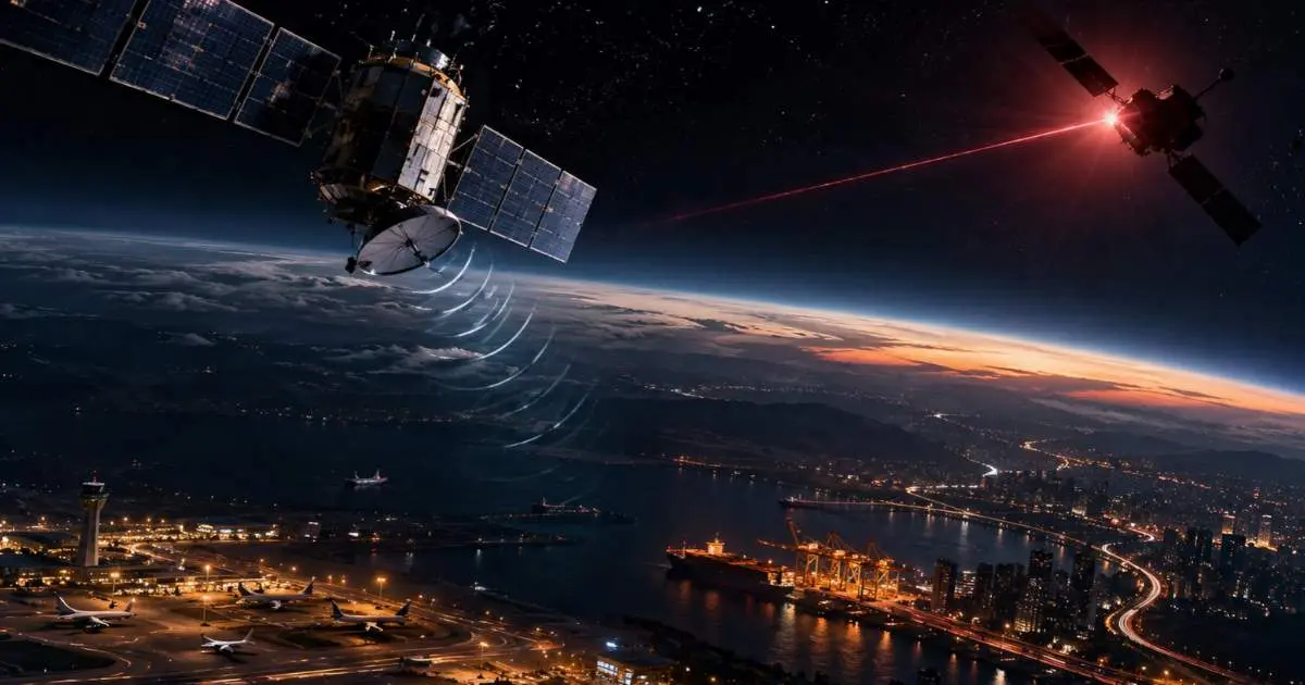 Satellite warfare above Earth showing orbital interference over cities, transport networks and critical infrastructure.