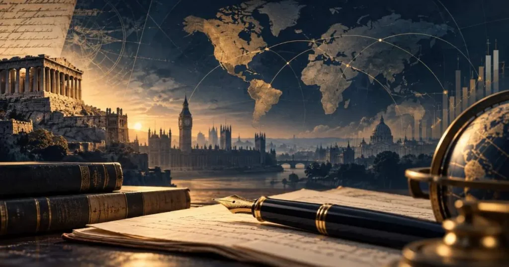 The Other Pen editorial image with a fountain pen, world map, history and global affairs