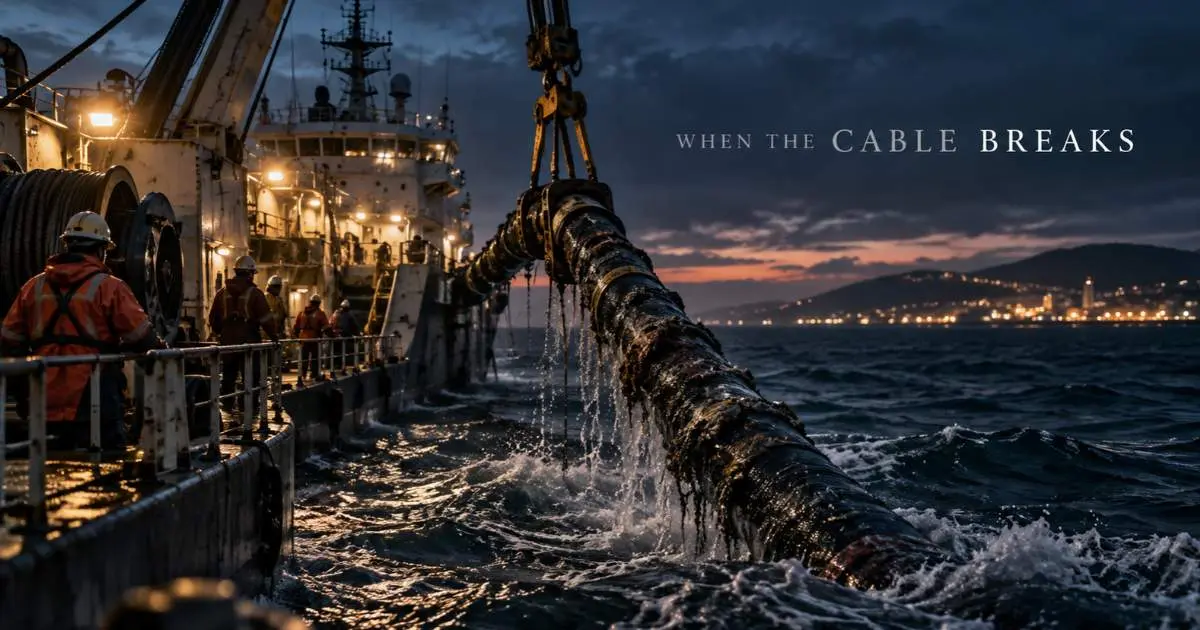 Undersea cable repair ship lifting a damaged submarine internet cable from the sea at dusk.
