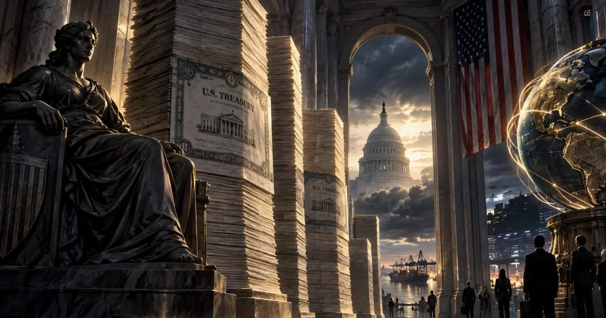 US national debt illustrated by towering Treasury securities inside a monumental hall, with the US Capitol visible beyond under gathering storm clouds