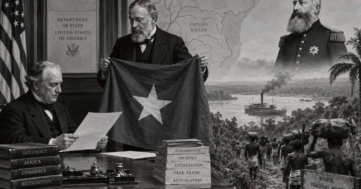 Black-and-white illustration of US recognition of Leopold’s Congo in 1884, with American officials, Leopold II, the Congo Basin and a river expedition.