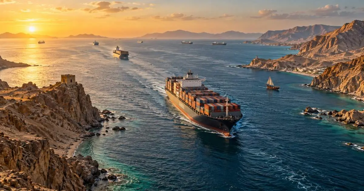 Container ships crossing Bab el-Mandeb between Yemen and the Horn of Africa at sunset