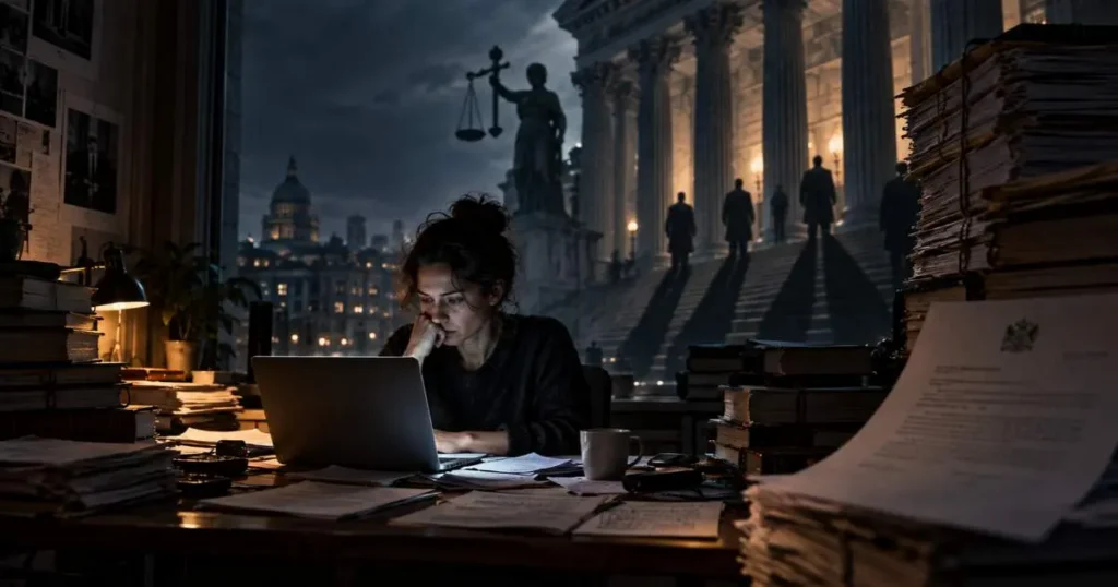 A lone journalist at a laptop surrounded by legal documents, with an imposing courthouse in the background.