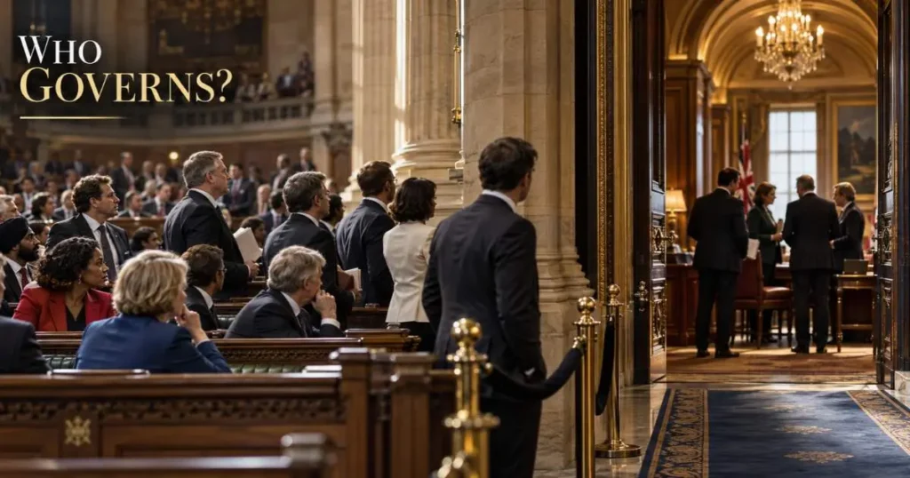 Politicians in a parliamentary chamber separated by a barrier from officials inside a government meeting room, beneath the words “WHO GOVERNS?”