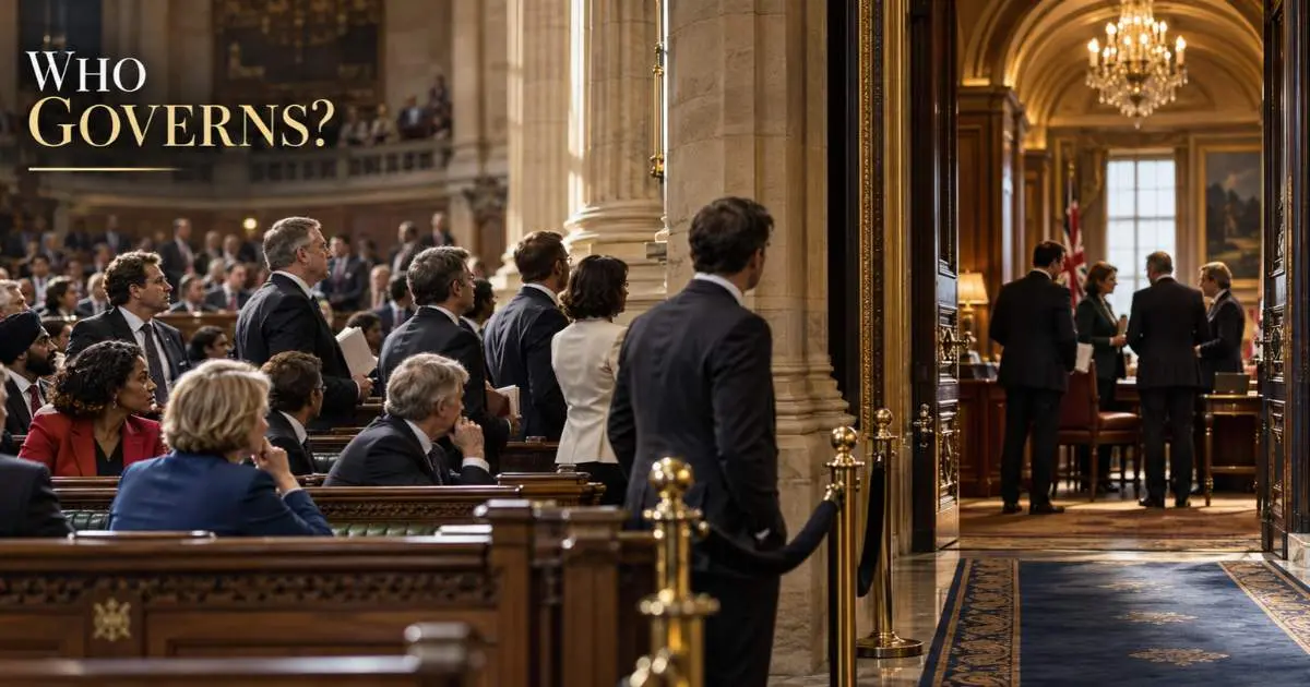 Politicians in a parliamentary chamber separated by a barrier from officials inside a government meeting room, beneath the words “WHO GOVERNS?”