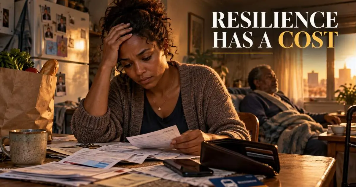 A worried woman examines household bills at a kitchen table while an older man rests in the background, beneath the words “Resilience Has a Cost”.