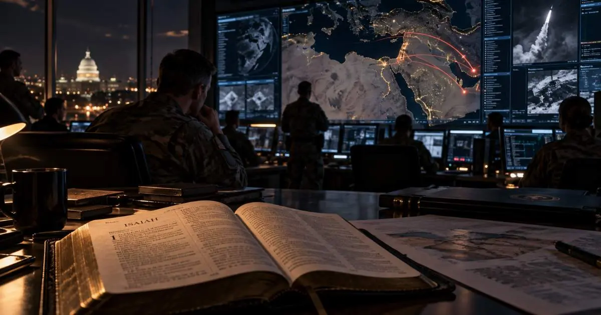 Open Bible on Isaiah in a U.S. military command room overlooking missile routes across the Middle East