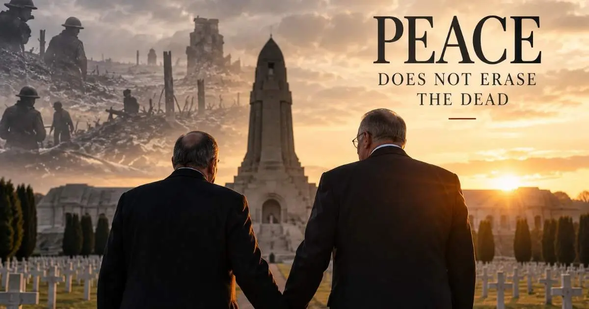 Cinematic illustration of two statesmen holding hands at a war cemetery at sunset, with soldiers from the past and the words “Peace Does Not Erase the Dead”.